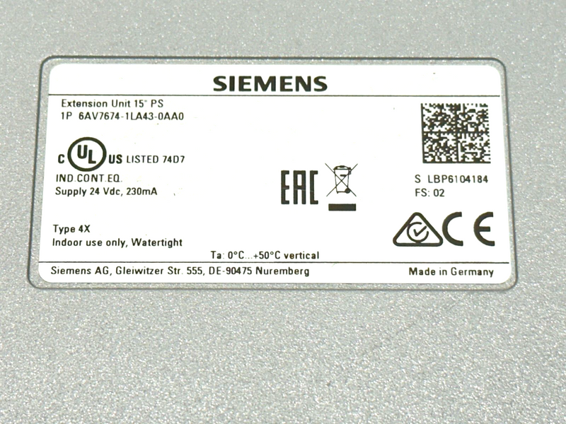 Siemens 6AV7674-1LA43-0AA0 Extension 15" w/ Communication 15" Ps A5E39718031 - Maverick Industrial Sales