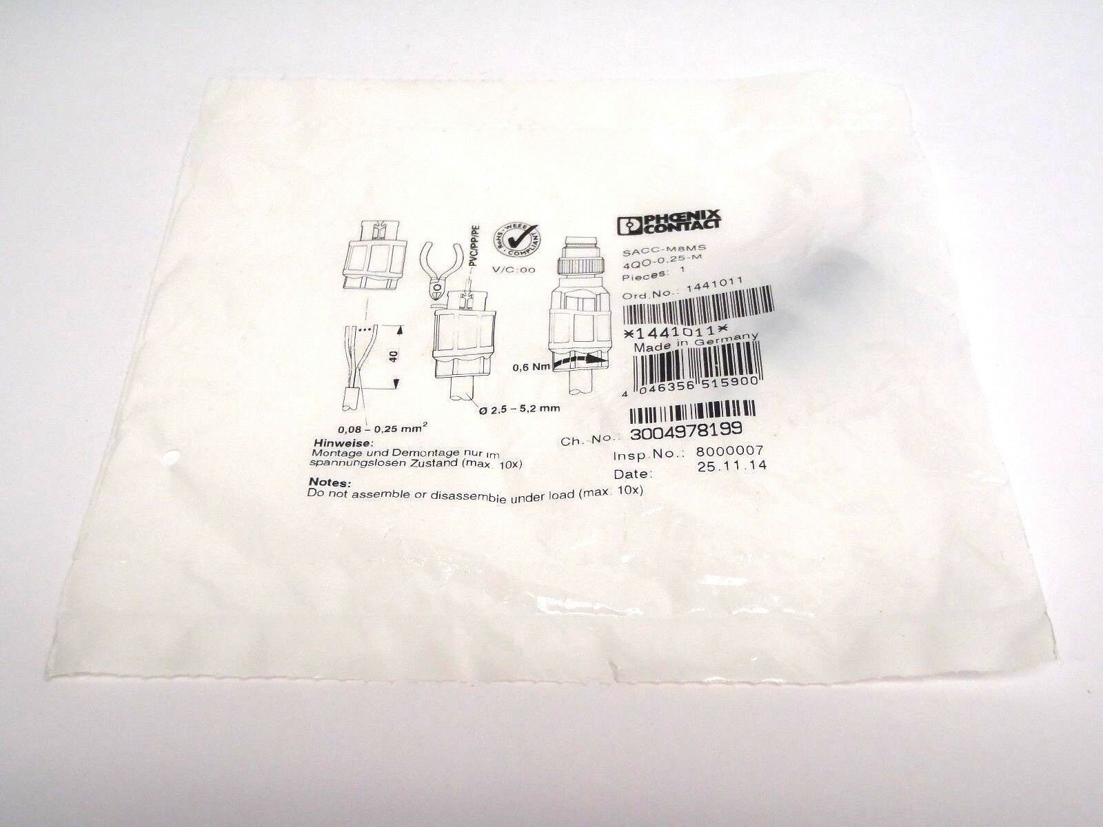 Phoenix Contact SACC-M8MS 4QO-0,25-M Sensor Connector 1441011 - Used - Maverick Industrial Sales