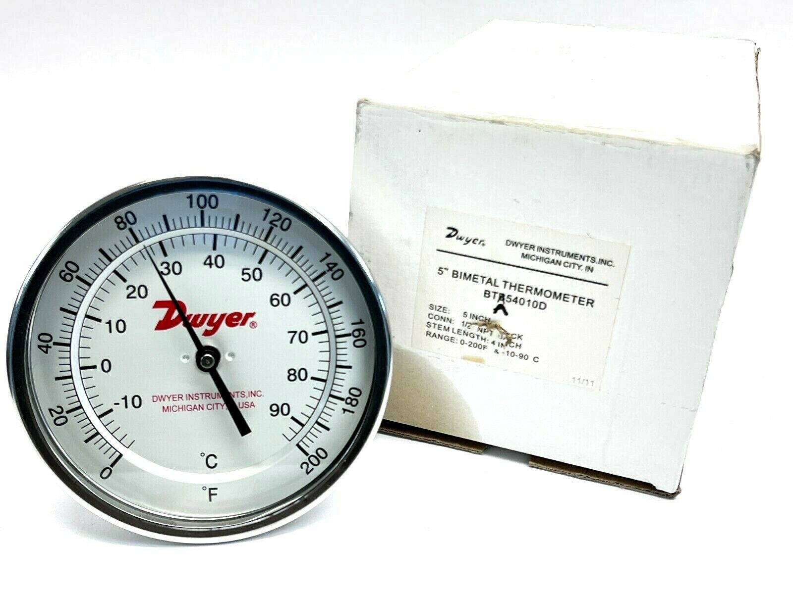 BTA54010D | Dwyer Bimetal Thermometer 0-200F -10-90C 5" Dial 4" Stem - New – Open box - Maverick Industrial Sales