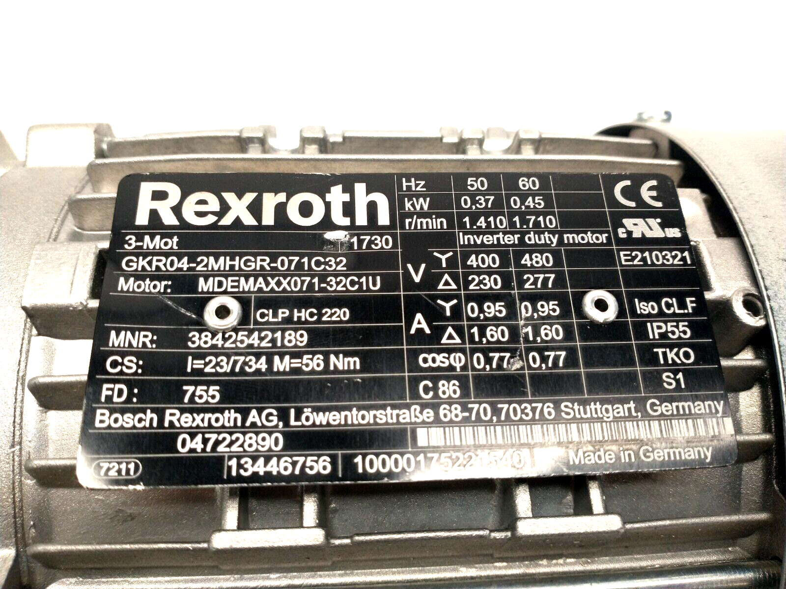 Bosch Rexroth 3842542189 Gearmotor MDEMAXX071-32C1U .45kW GKR04-2MHGR-071C32 - Maverick Industrial Sales