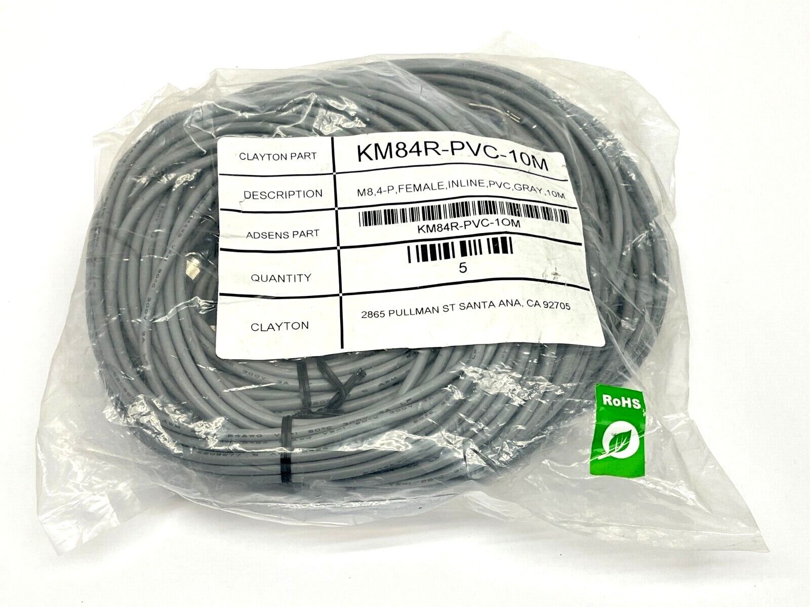 Adsens KM84R-PVC-10M Cable 4-Pin M8 Female Inline Grey 10M LOT OF 5 - Maverick Industrial Sales