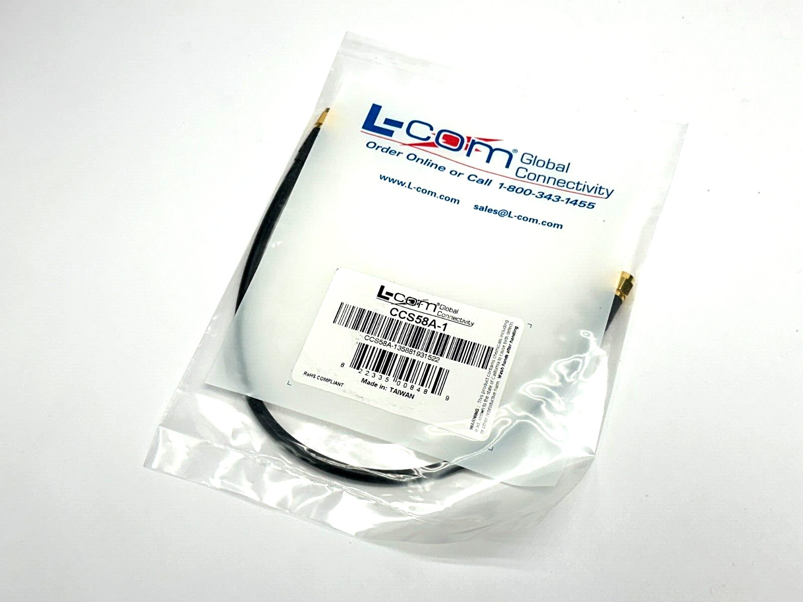 L-Com CCS58A-1 RG58C Coaxial Cable SMA Male / Male 1ft - New - Maverick Industrial Sales