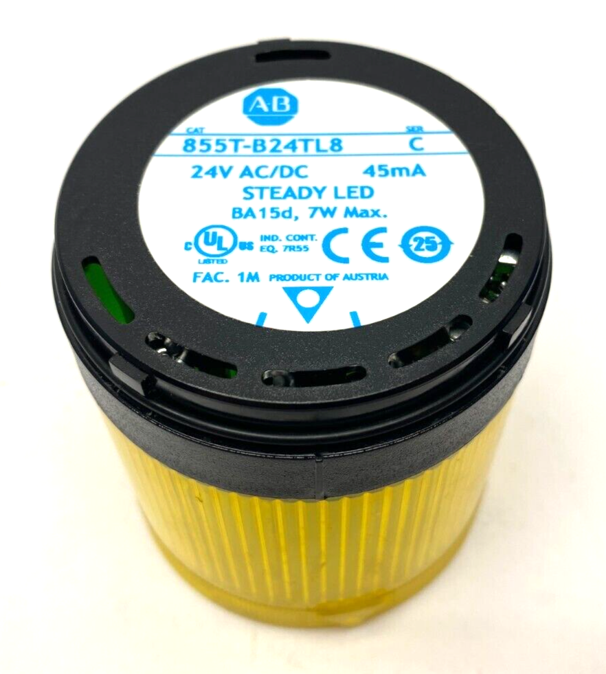 855T-B24TL8 | Allen Bradley Ser. C 70mm Steady LED Stack Light 24V AC/DC Yellow - Used - Maverick Industrial Sales