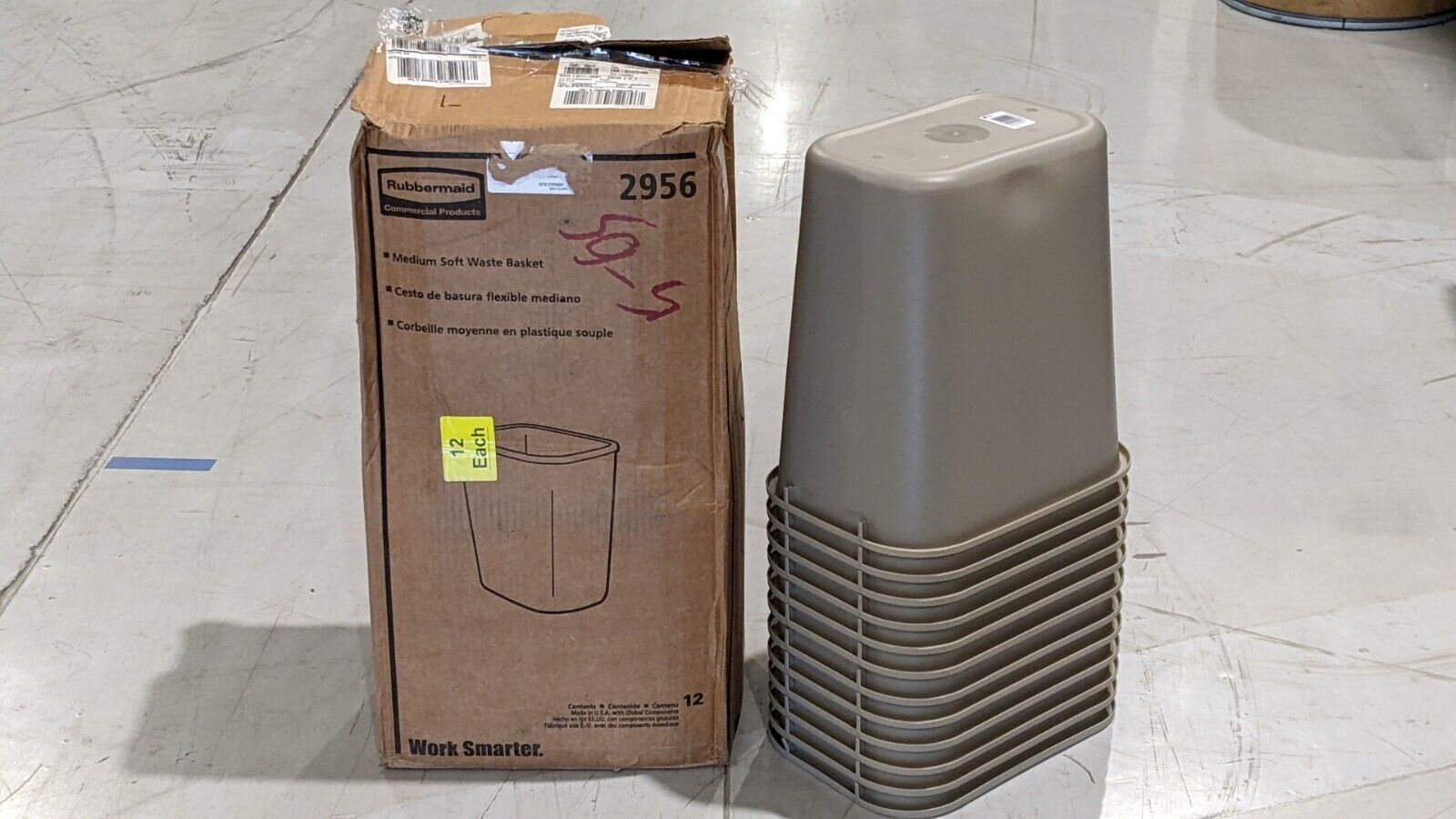 2956 | Rubbermaid FG00BEIG Medium Wastebasket 28 Qt / 7 Gal Beige LOT OF 12 - New - Maverick Industrial Sales