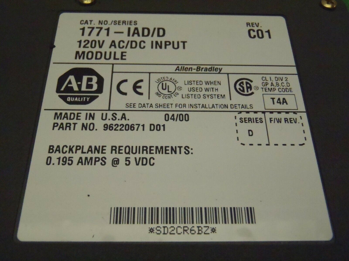 1771-IAD/D Rev B02 | Allen Bradley 1771-IAD/D AC/DC Input Module 120V Rev B02 - Used - Maverick Industrial Sales
