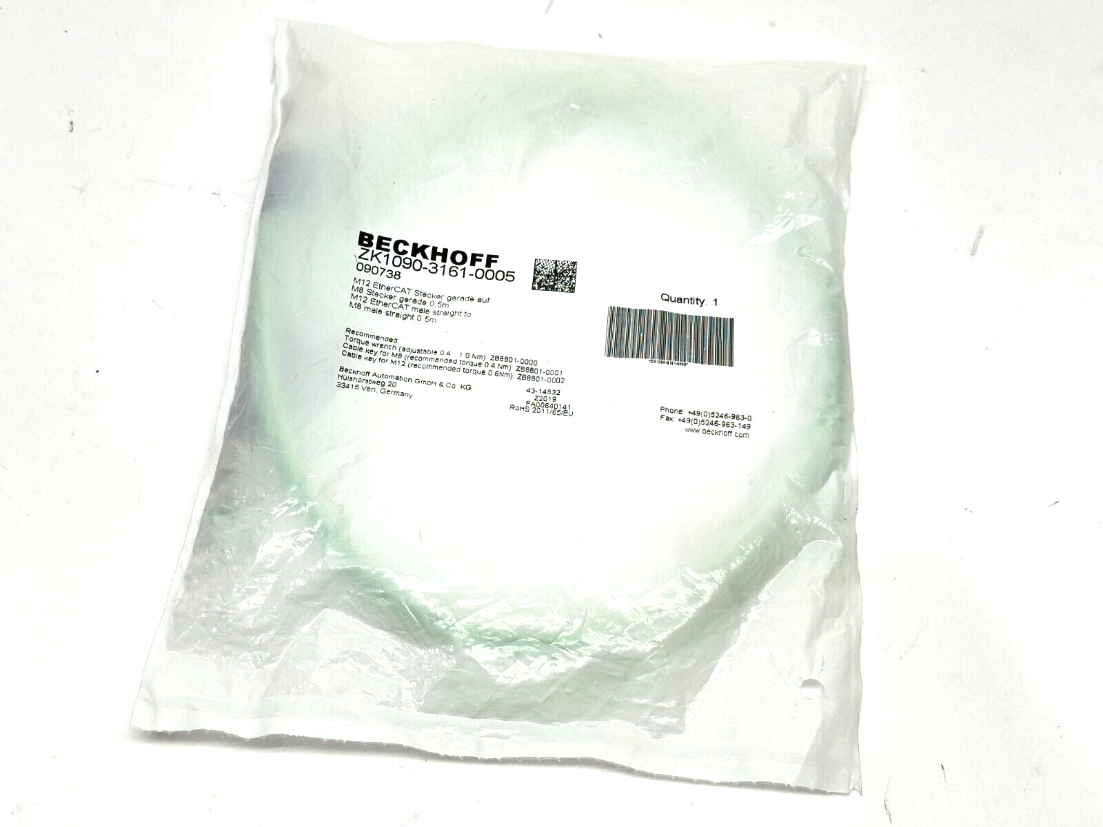 Beckhoff ZK1090-3161-0005 EtherCAT Cable Male M12 - Male M8 0.5m 090738 - New - Maverick Industrial Sales