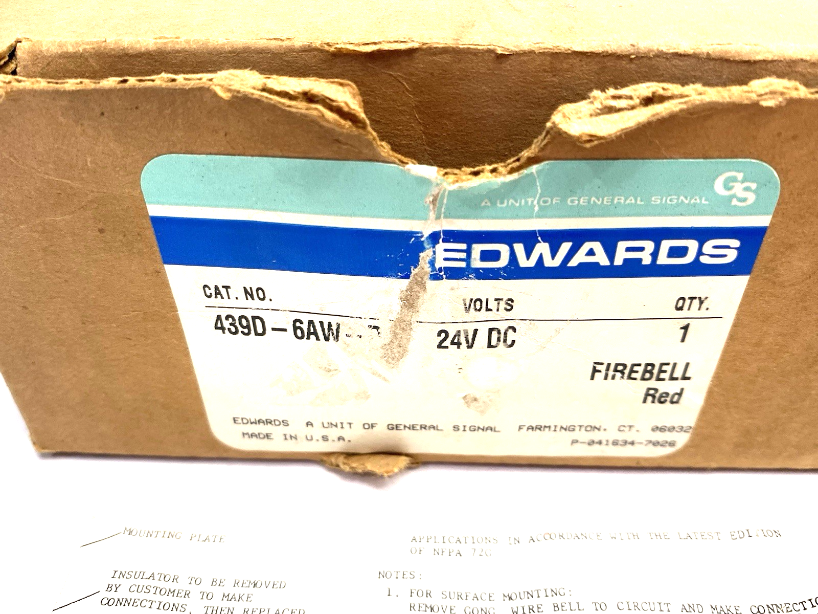 439D-6AW-R | Edwards Signaling Firebell Fire Alarm Bell, Vibrating, Red, 6" Dia. - New – Open box - Maverick Industrial Sales