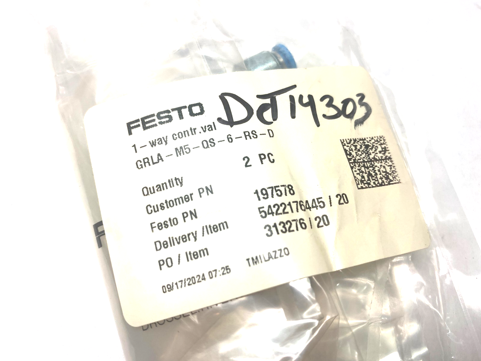 Festo GRLA-M5-QS-6-RS-D One-Way Flow Control Valve Fitting 197578 PKG OF 2 - Maverick Industrial Sales
