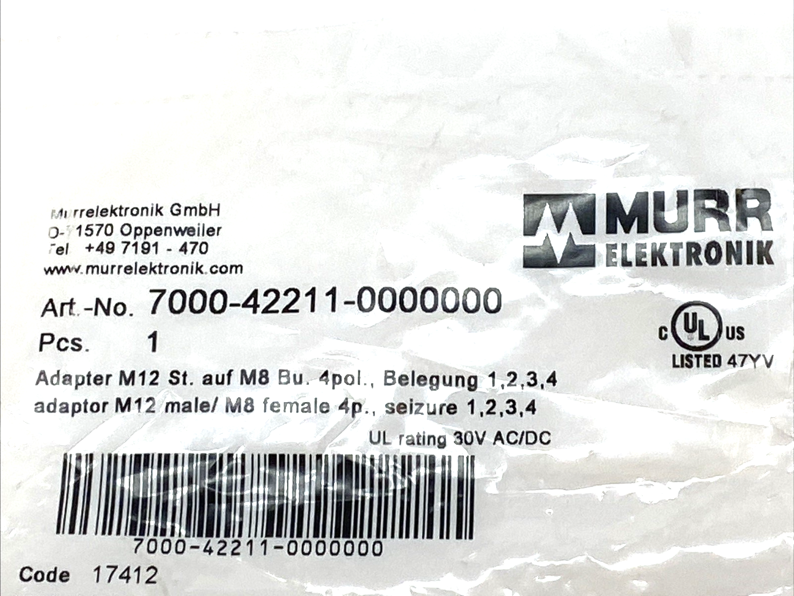 Murr Elektronik 7000-42211-0000000 Adaptor M12 male / M8 female A-cod. 4-pol. - Maverick Industrial Sales
