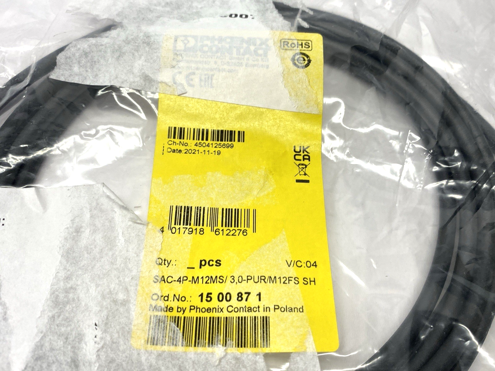 Phoenix Contact SAC-4P-M12MS/ 3,0-PUR/M12FS SH Double Ended Cordset 3m 1500871 - Maverick Industrial Sales