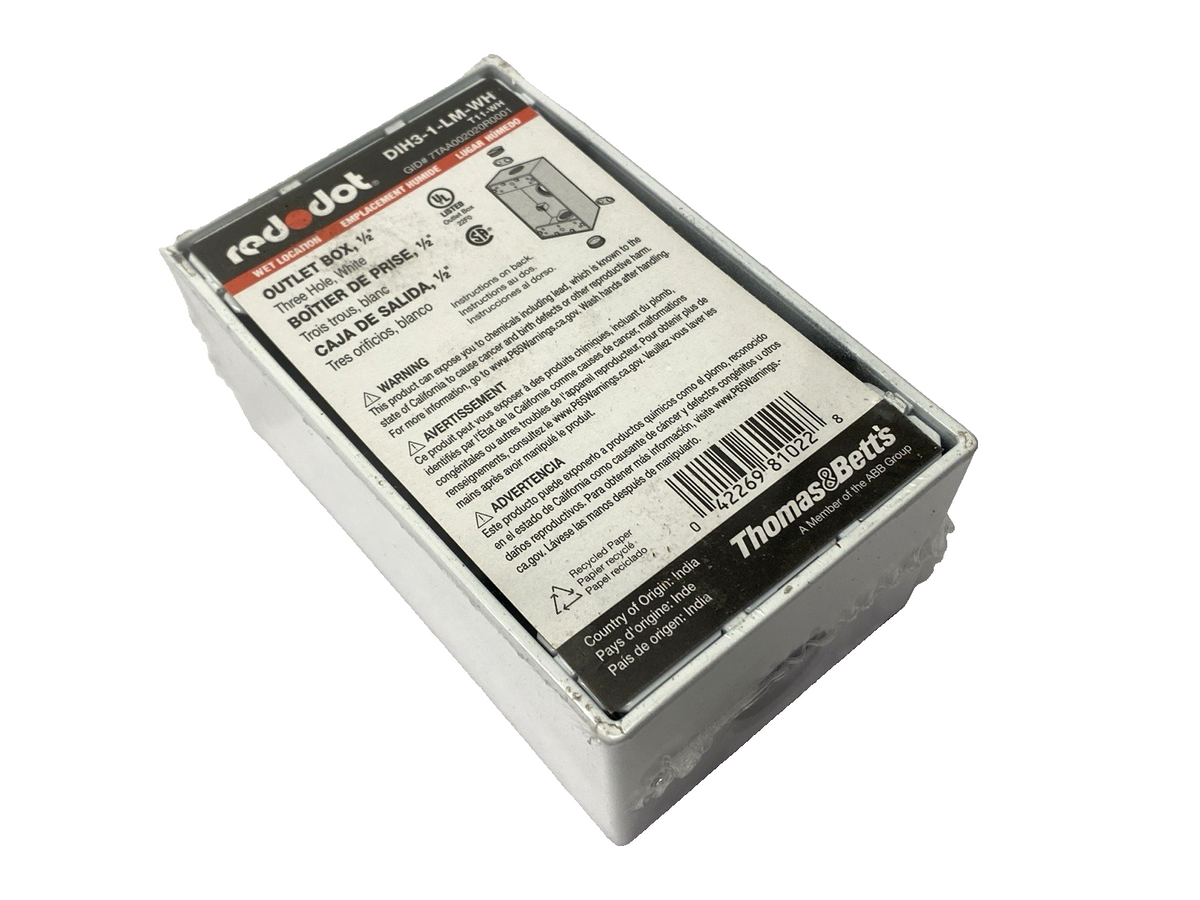 Thomas & Betts DIH3-1-LM-WH White Outlet Box Three Hole 1/2" - Maverick Industrial Sales
