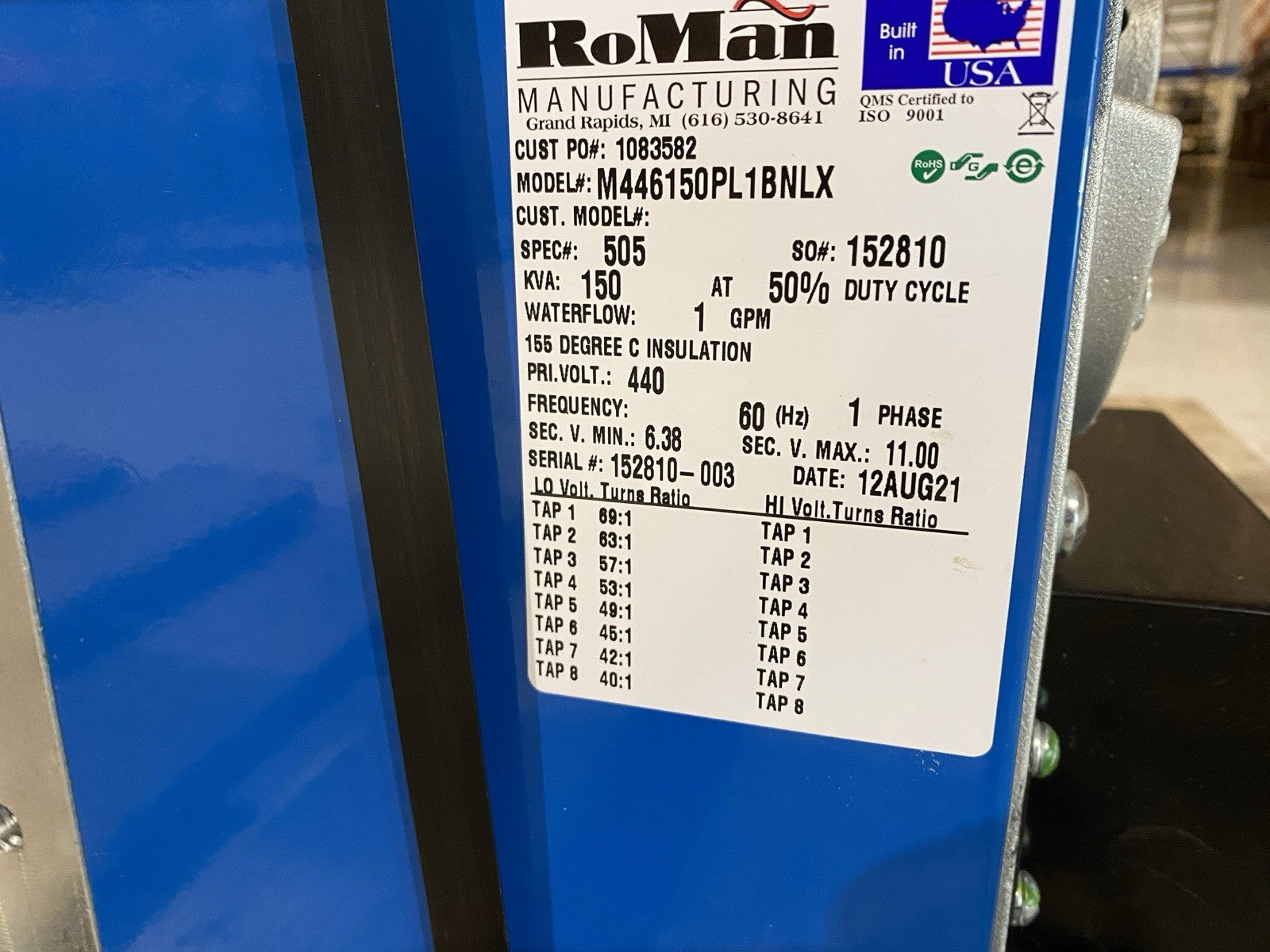 Roman M446150PL1BNLX Transformer 150KVA 1PH 440V 1GPM 60Hz - Maverick Industrial Sales