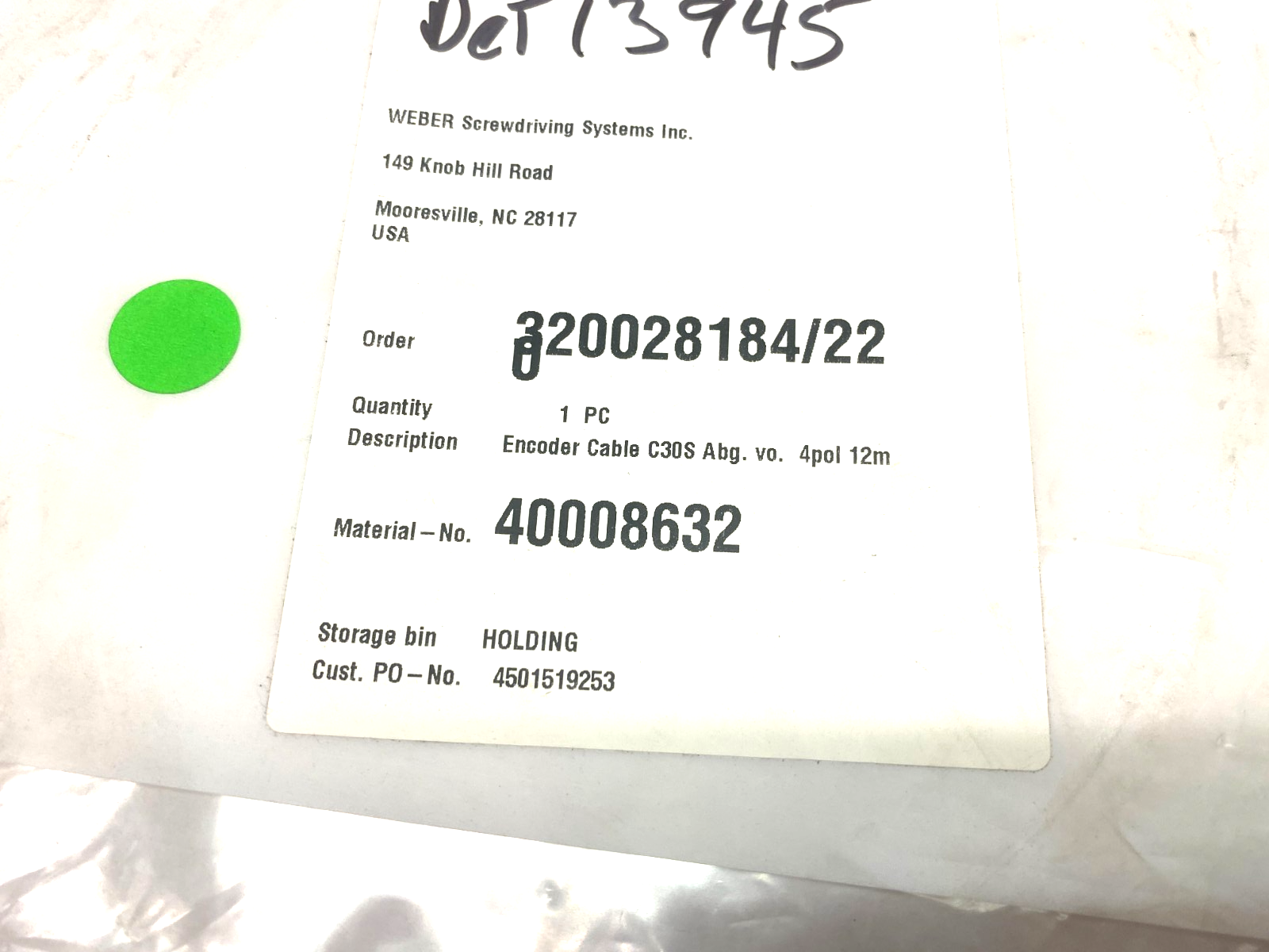 Weber 40008632 Encoder Connection Cable 4-pol 12m C30S - Maverick Industrial Sales