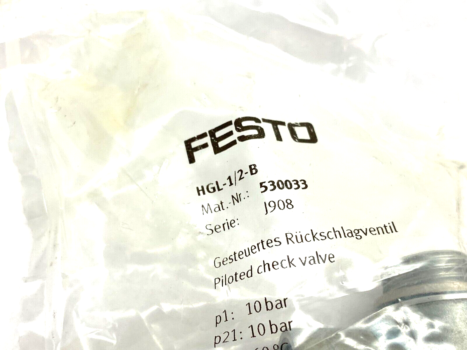 Festo HGL-1/2-B Piloted Check Valve J908, 530033 - Maverick Industrial Sales
