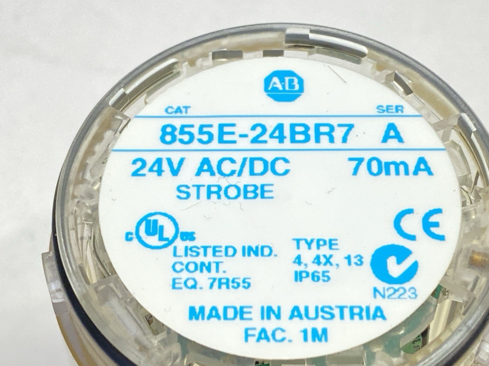 855E-24BR7 | Allen Bradley Ser A Strobe Stack Light Clear 50mm 70mA 24V - Used - Maverick Industrial Sales