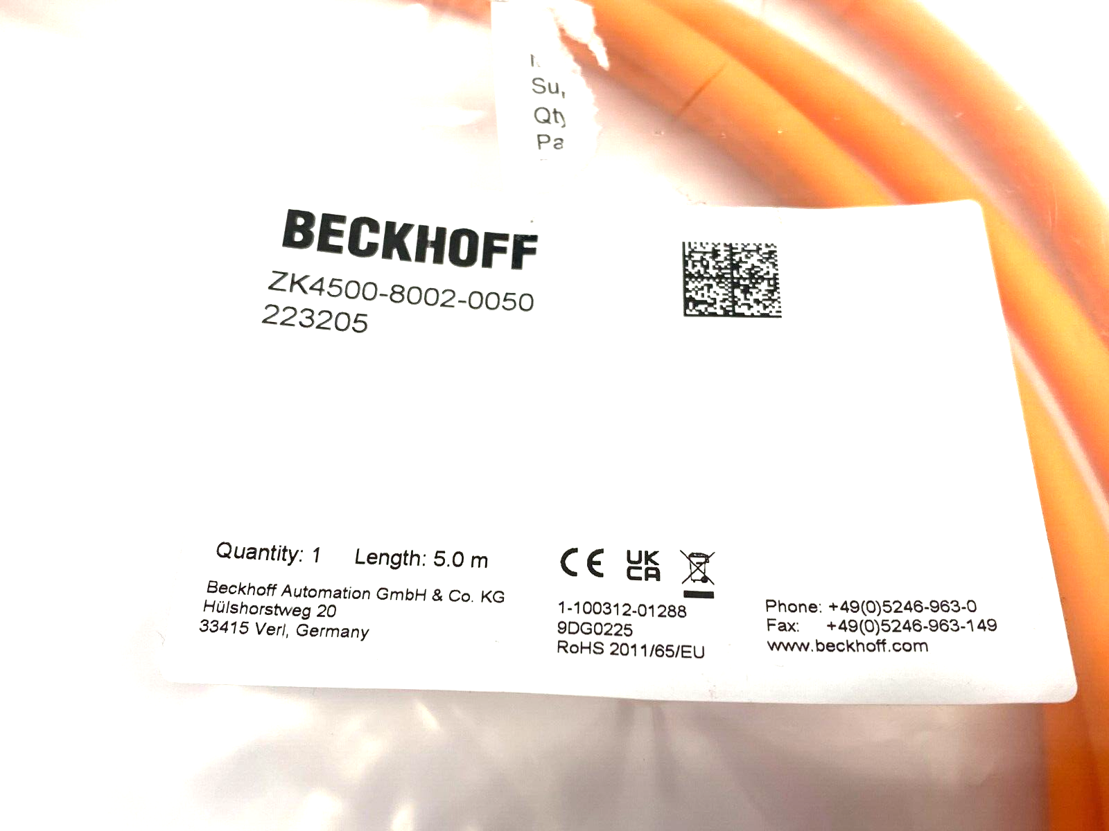 Beckhoff ZK4500-8002-0050 Motor Connection Cable 5m Length 1mm² w/ itec® Plug - Maverick Industrial Sales