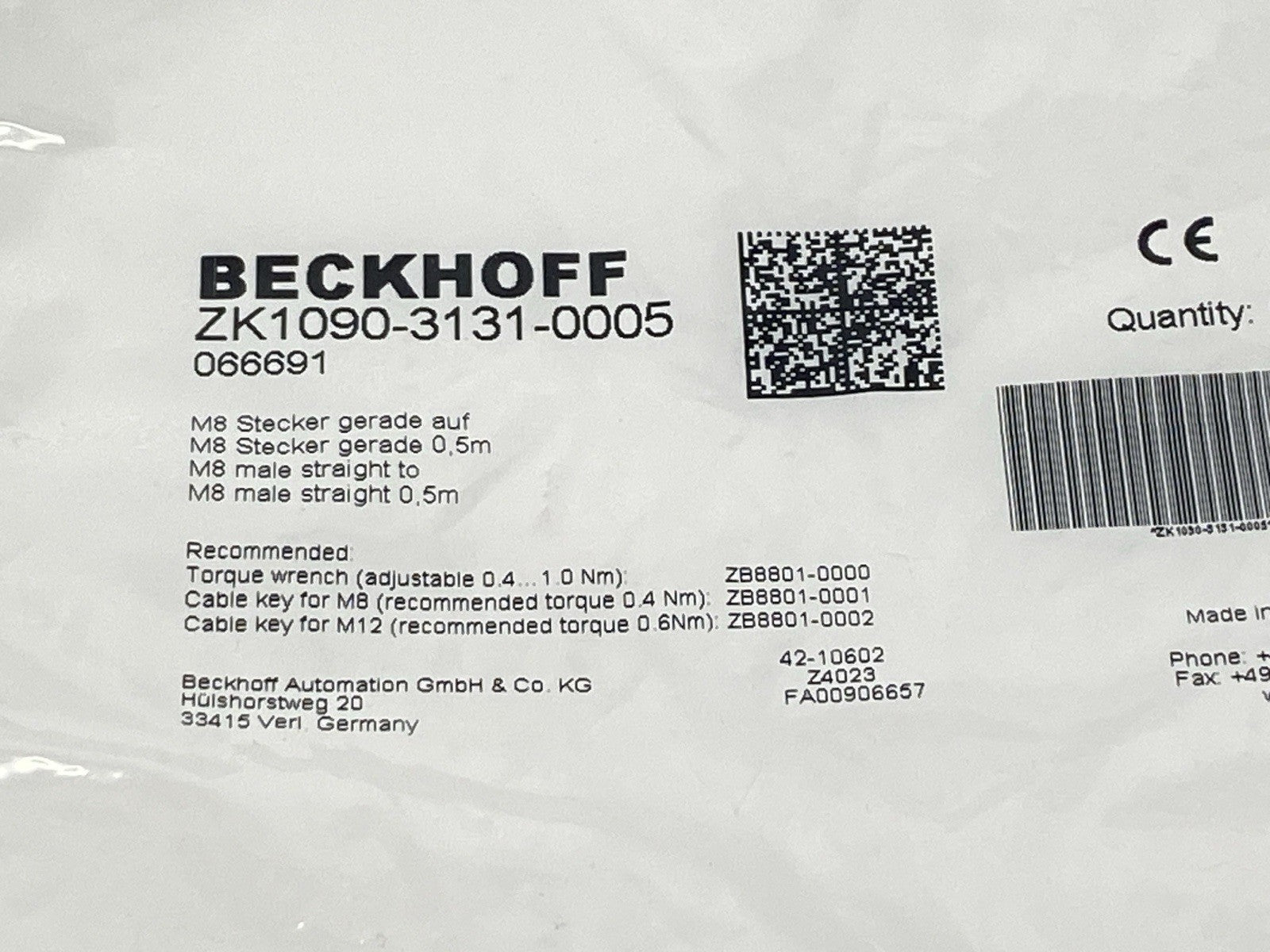 Beckhoff ZK1090-3131-0005 Industrial Ethernet Cable Male M8 4-Pin 0.5m 066691 - Maverick Industrial Sales