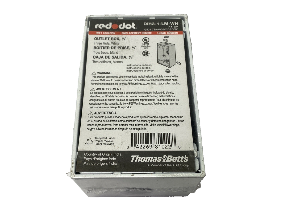 Thomas & Betts DIH3-1-LM-WH White Outlet Box Three Hole 1/2" - Maverick Industrial Sales