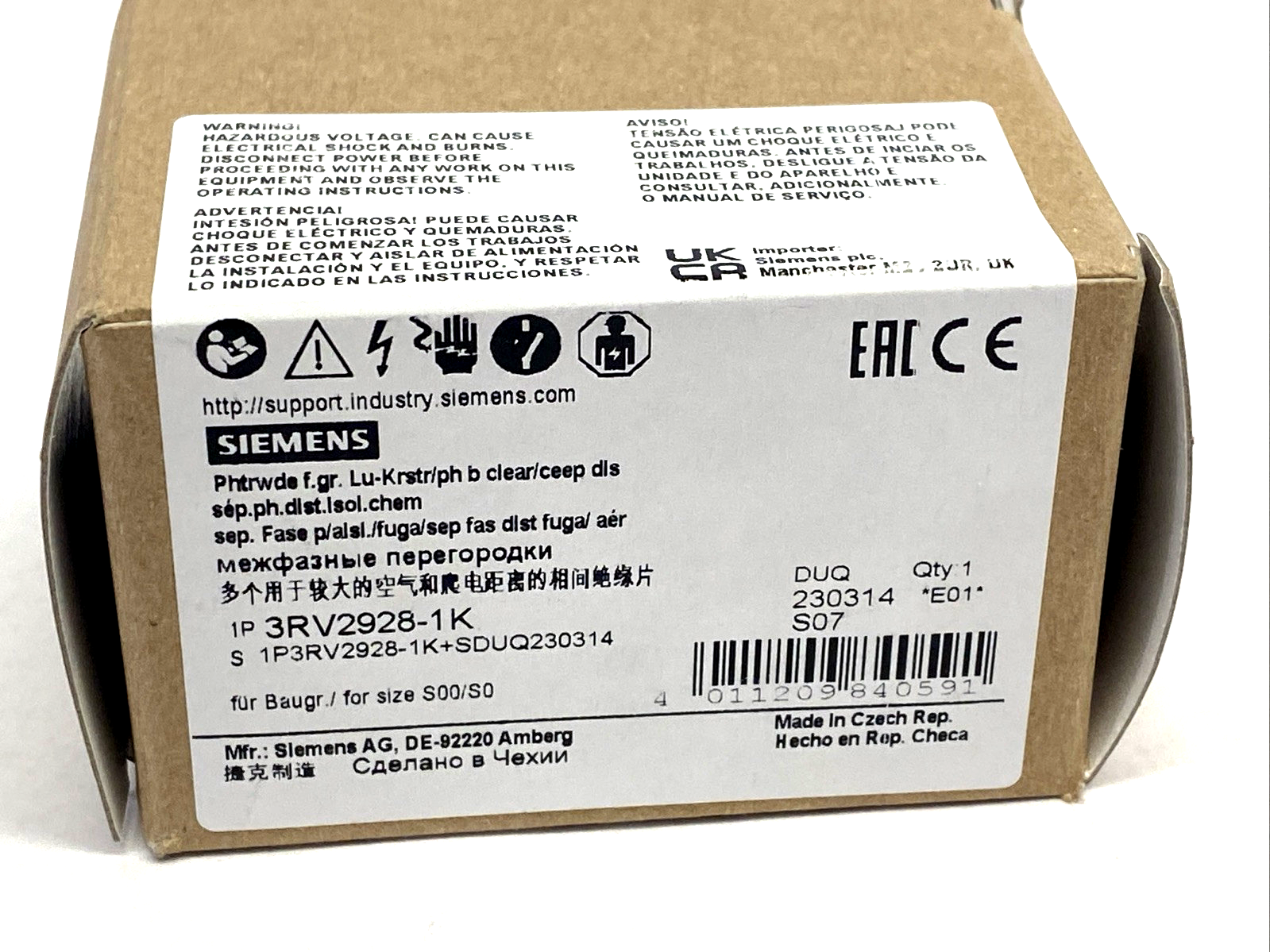 Siemens 3RV2928-1K Type E Phase Barrier S00/S0 3RV29281K - Maverick Industrial Sales