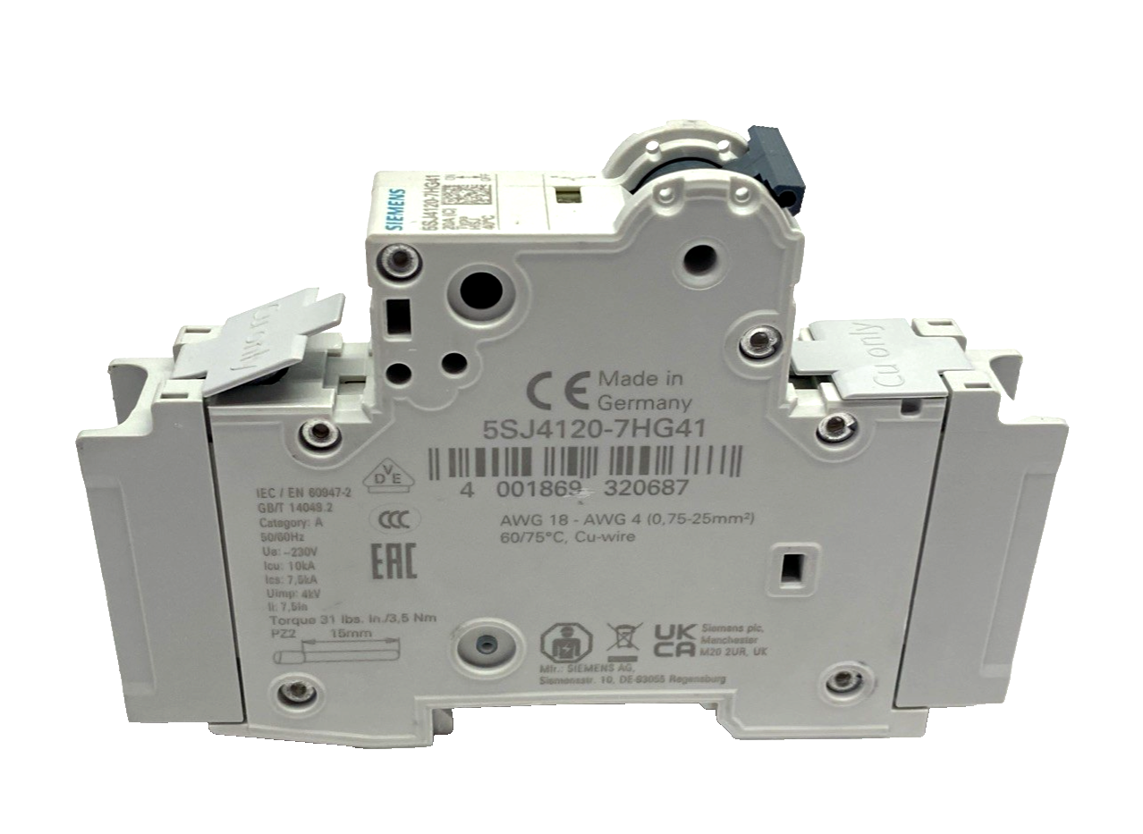 Siemens 5SJ4120-7HG41 Miniature Circuit Breaker 240V 14kA, 1-Pole, C-Trip, 20A - Maverick Industrial Sales