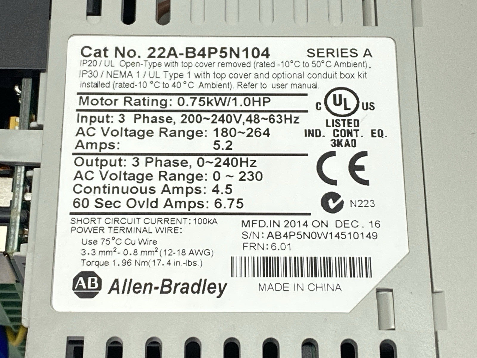 22A-B4P5N104 | Allen Bradley Ser A PowerFlex AC Drive 4-0.75kW 1HP - For parts or not working - Maverick Industrial Sales