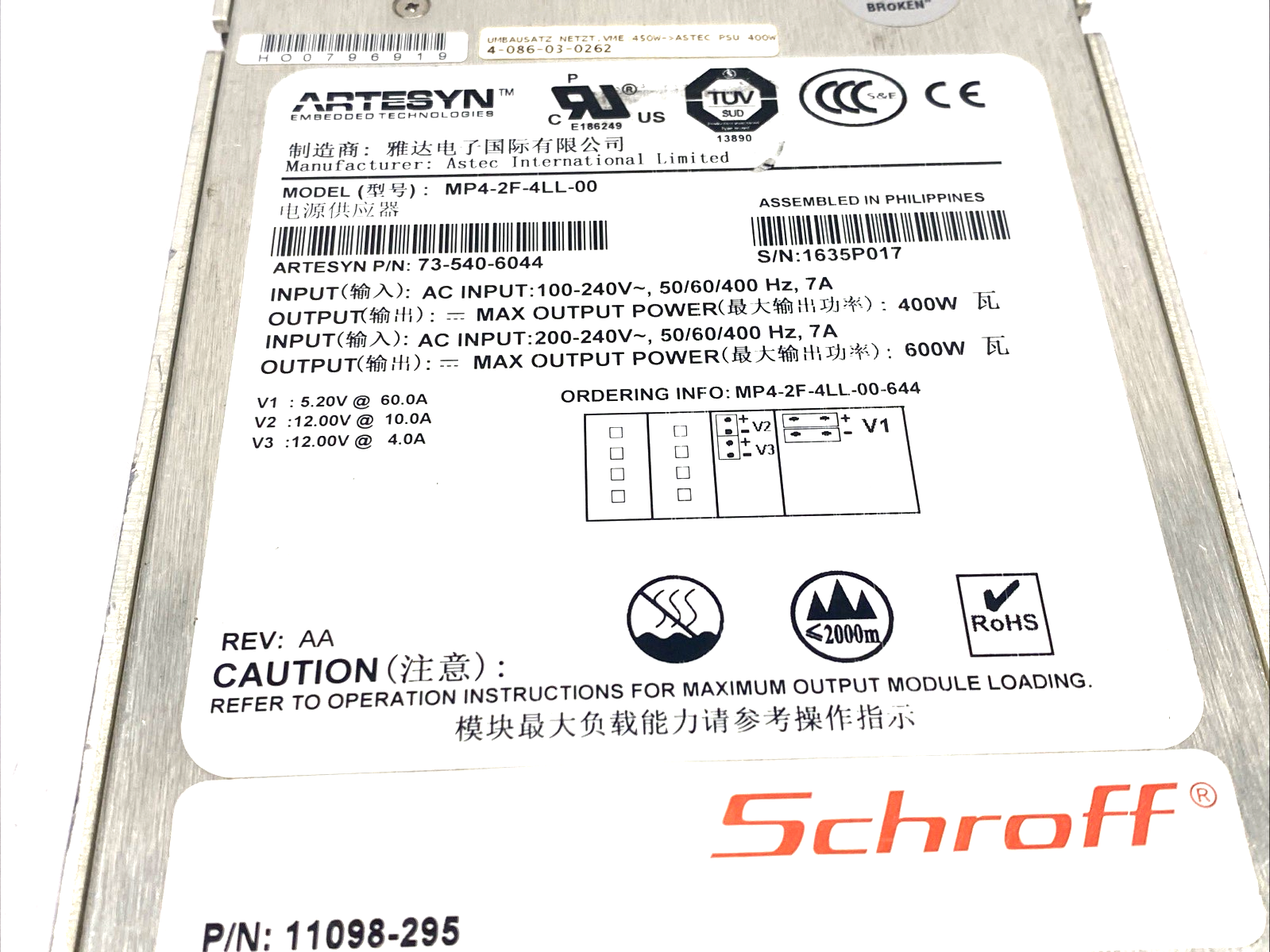 11098-295,MP4-2F-4LL-00,73-540-6044,4-086-03-0262 | Artesyn MP4-2F-4LL-00 MVP AC/DC Converter 240VAC 5.2V 60A 12V 10A 12V 4A 600W - Used - Maverick Industrial Sales