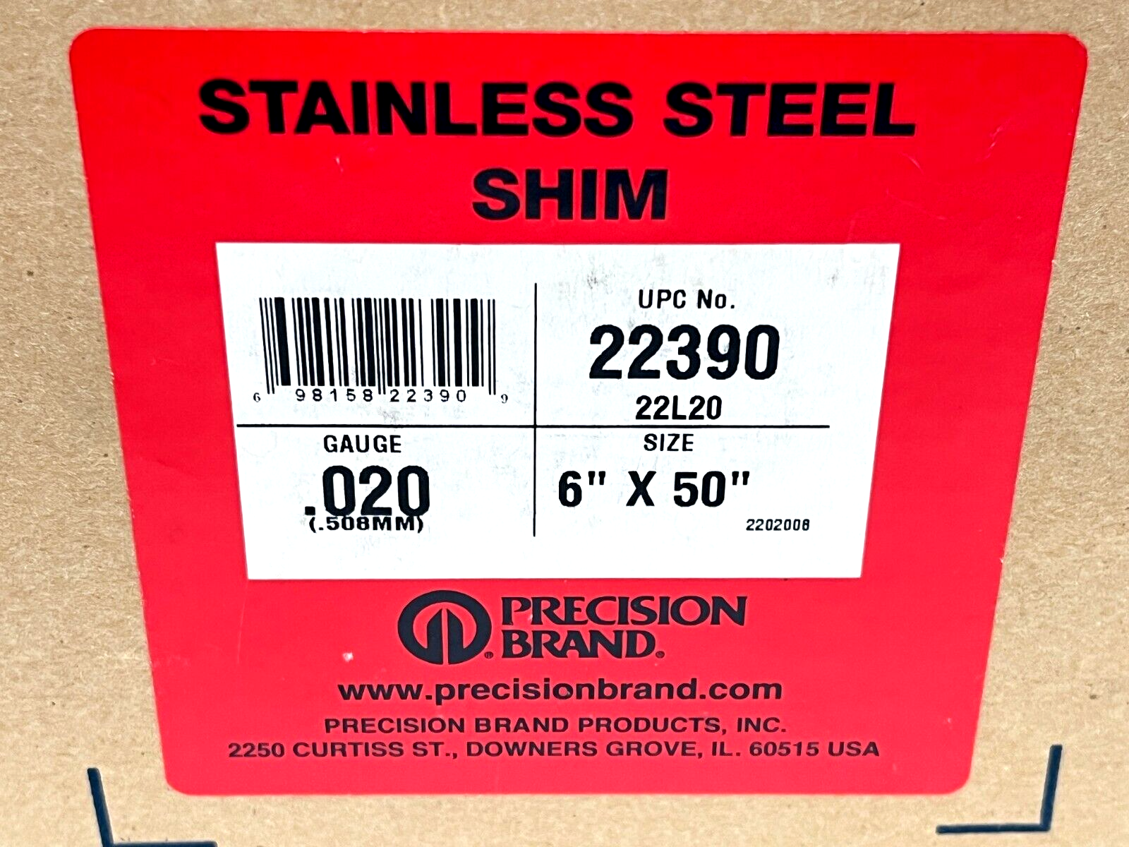 Precision Brand 22390 22L20 Stainless Steel Shim 0.020" Gauge 6" x 50" - Maverick Industrial Sales