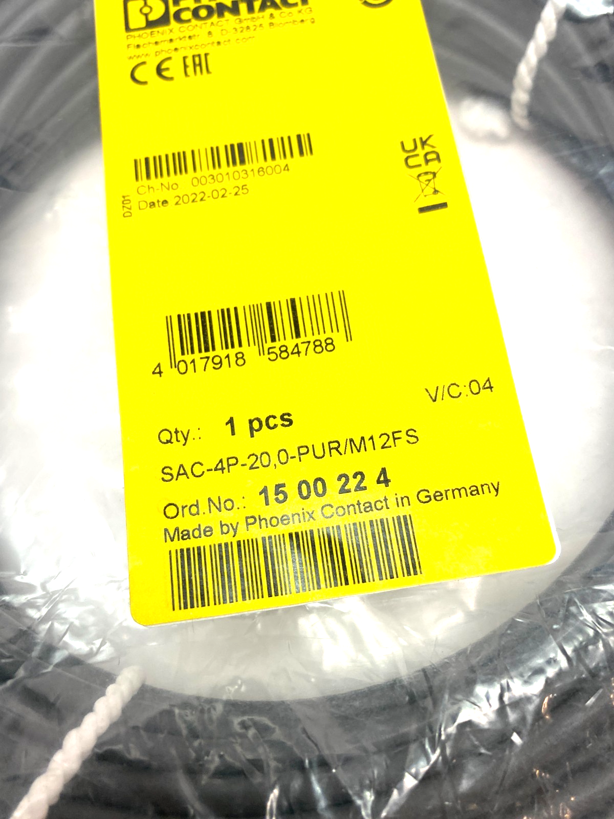 Phoenix Contact SAC-4P-20,0-PUR/M12FS Single Ended Cordset M12 4-Pos 1500224 - Maverick Industrial Sales