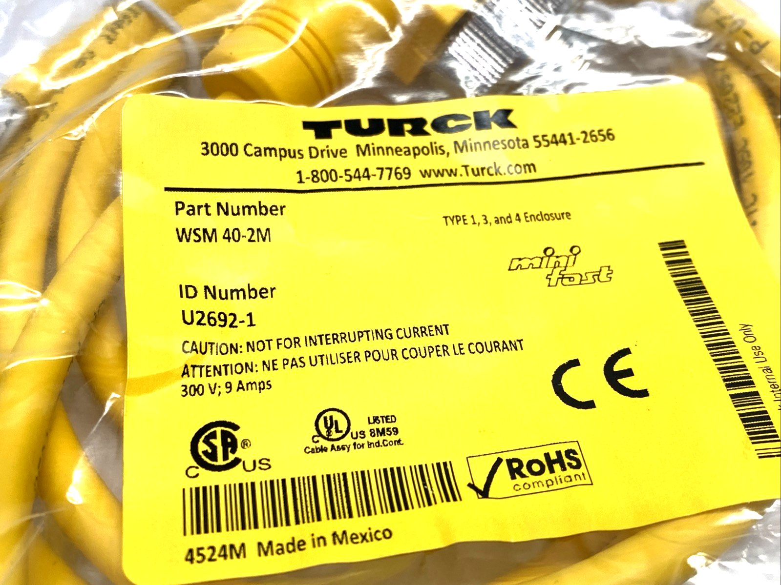Turck WSM 40-2M Cordset, Male Angled 7/8"-16 4-Pin 2m U2692-1 - Maverick Industrial Sales