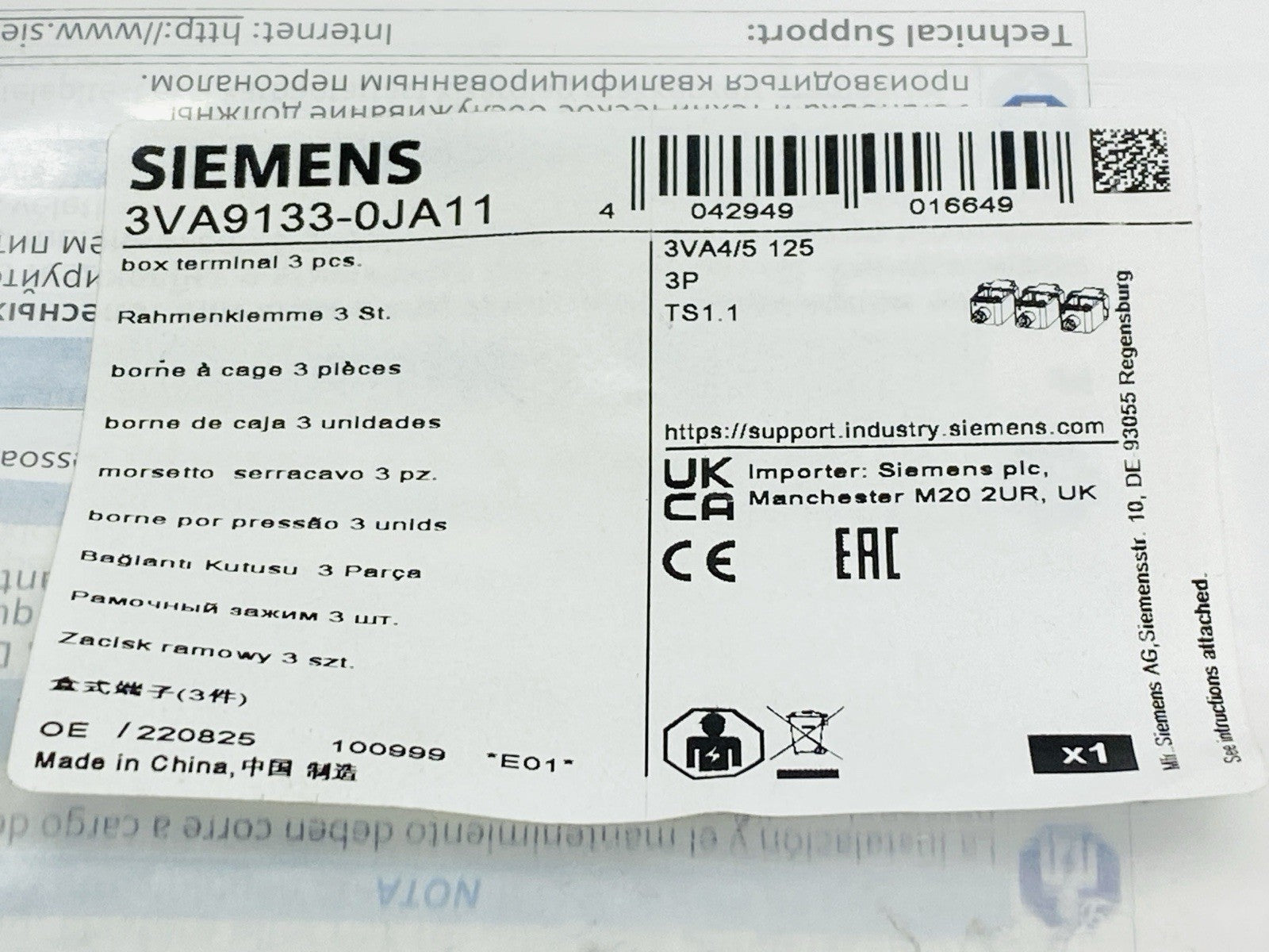 Siemens 3VA9133-0JA11 3-Piece Steel Body 1-Conductor Box Terminal 3VA4/5 - Maverick Industrial Sales