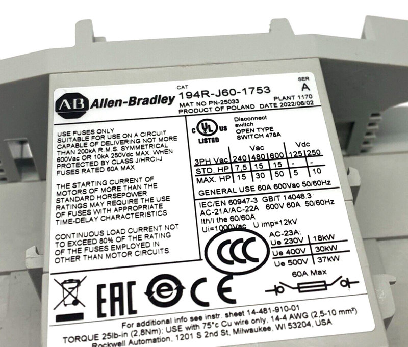 Allen Bradley 194R-J60-1753 Ser. A Fused Disconnect Switch 3P 60A 600VAC 250VDC - Maverick Industrial Sales