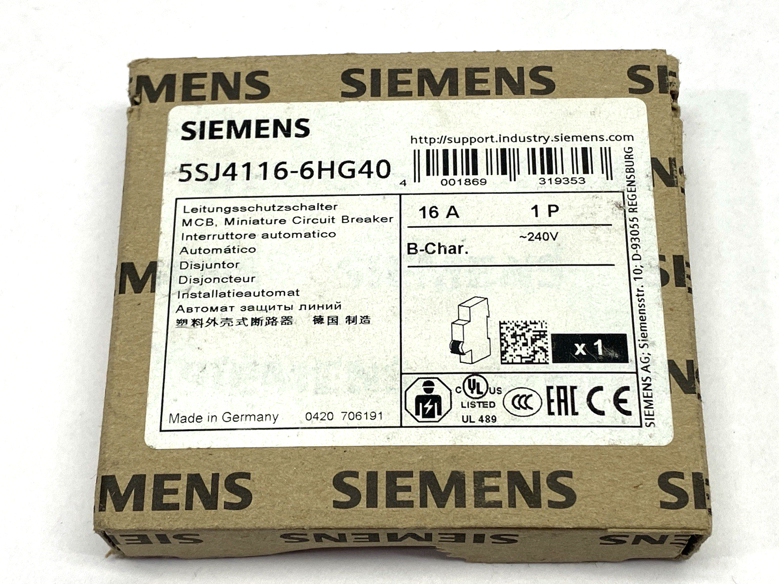 Siemens 5SJ4116-6HG40 Miniature Circuit Breaker 1-Pole 240V 16A - Maverick Industrial Sales