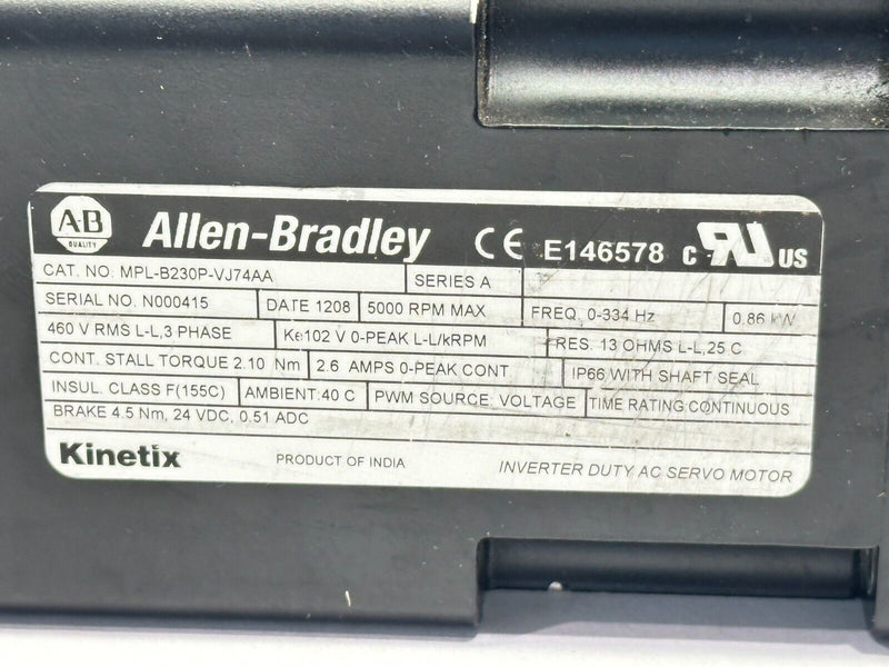 Allen Bradley MPL-B230P-VJ74AA Ser A Kinetix Servo Motor 5000rpm 0.86kW - Maverick Industrial Sales