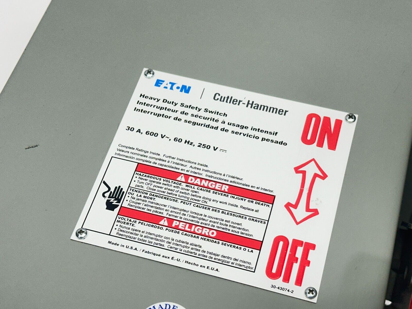 Eaton Cutler Hammer DH361FGK Heavy Duty Safety Switch 30A 600V w/ FRS-R-15 Fuses - Maverick Industrial Sales