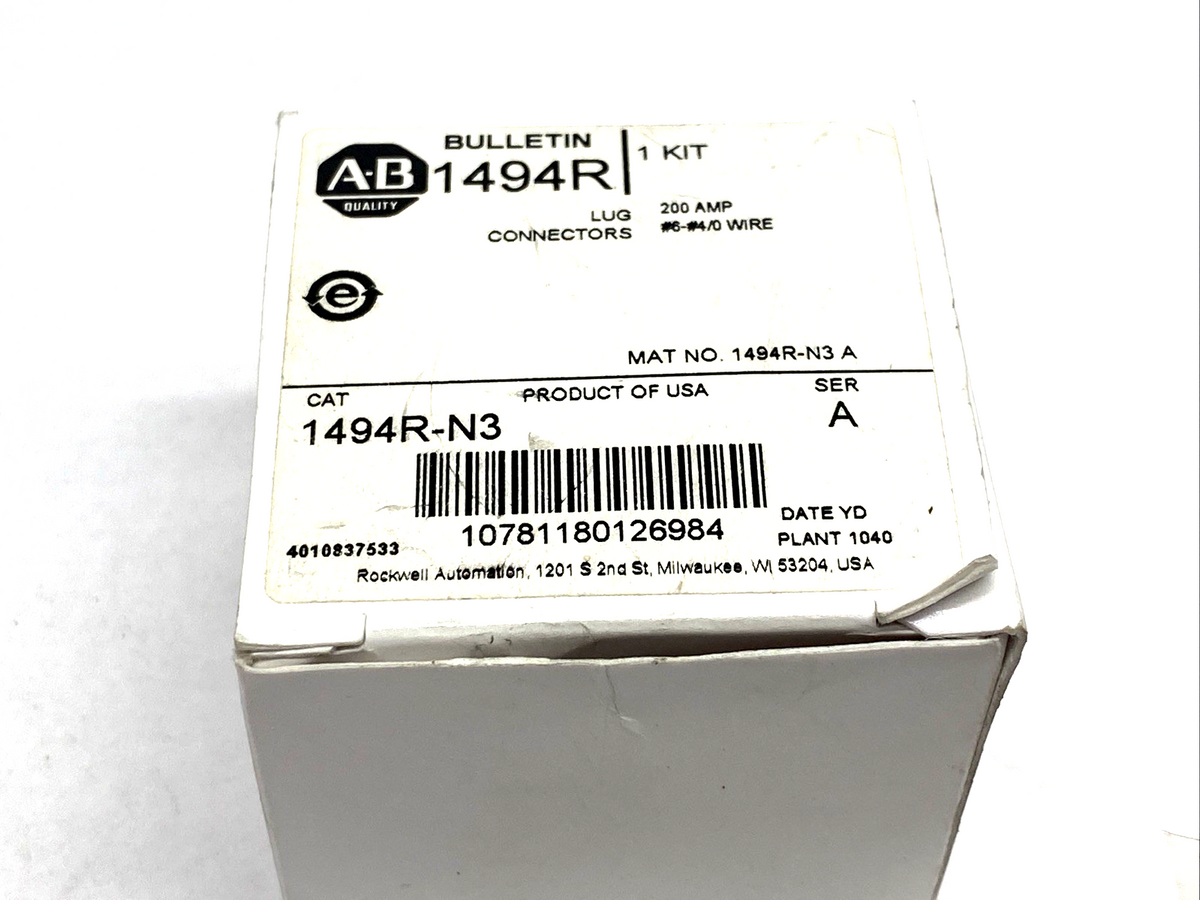 Allen Bradley 1494R-N3 Ser. A Lug Kit 200A Wire Size #8, #4/0 AWG, NEMA 4 3-PCS - Maverick Industrial Sales