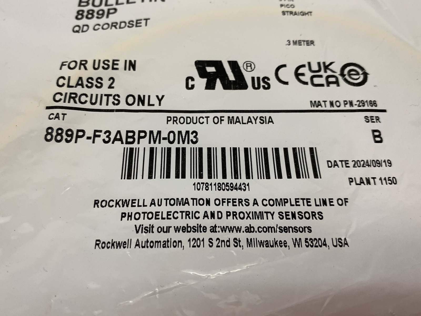 889P-F3ABPM-0M3 | Allen Bradley Ser. B Double Ended Pico Connection Cable 3-Pin - New - Maverick Industrial Sales