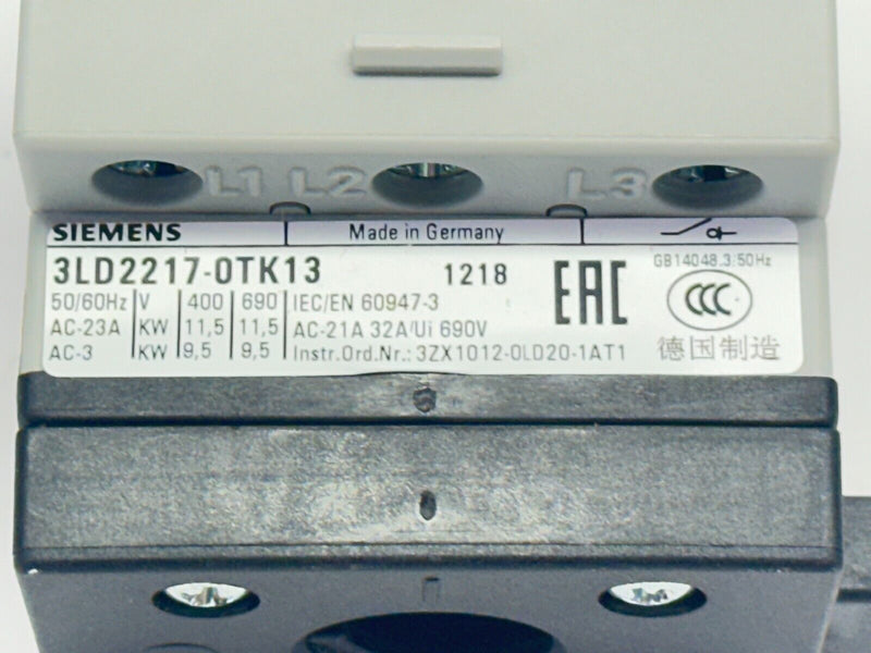 Siemens 3LD2217-0TK13 Disconnect Switch 3-Pole 23A 400V - Maverick Industrial Sales