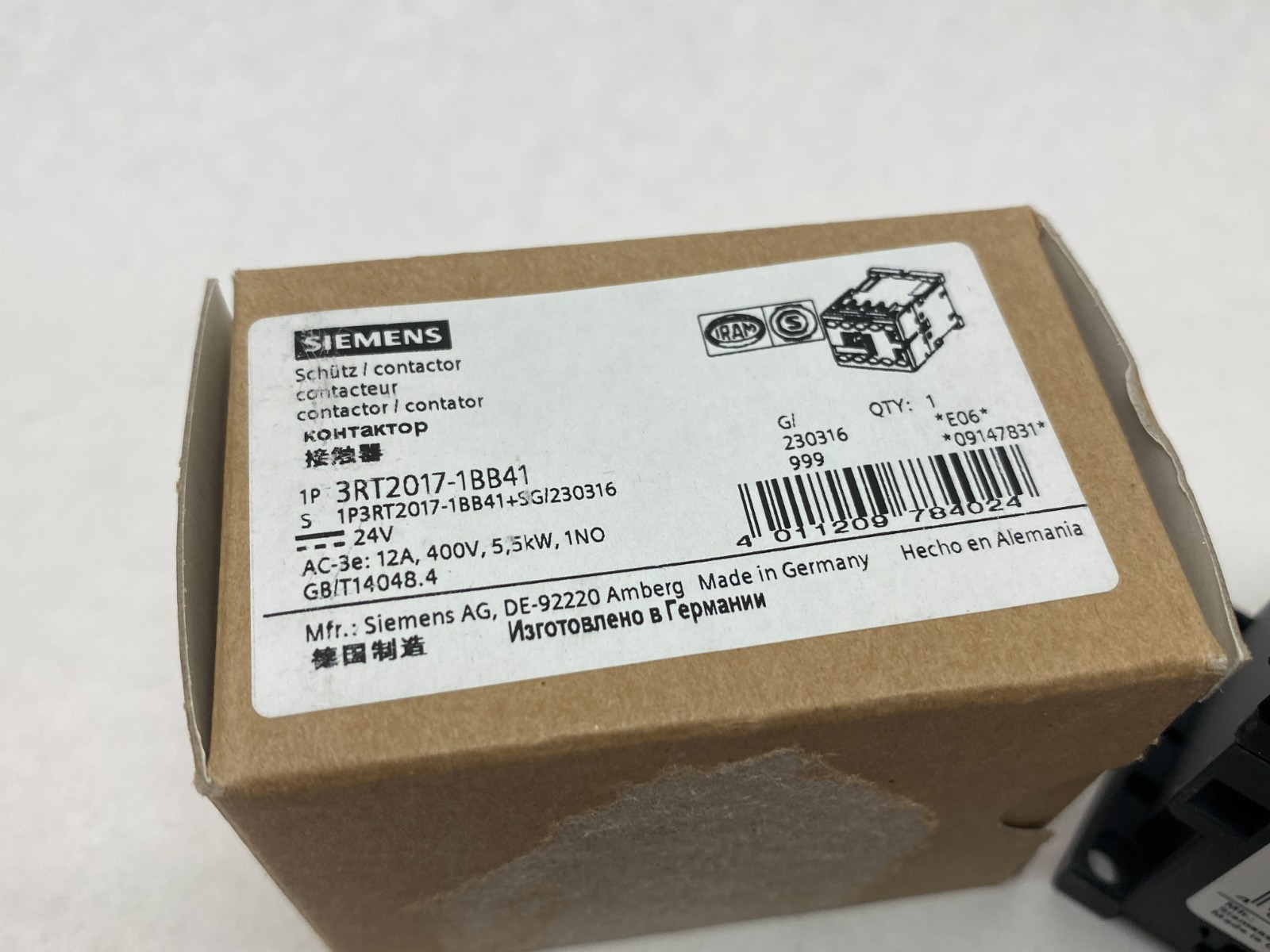 Siemens 3RT2017-1BB41 Sirius Contactor 12A, 400V, 5.5kW, 1NO - Maverick Industrial Sales