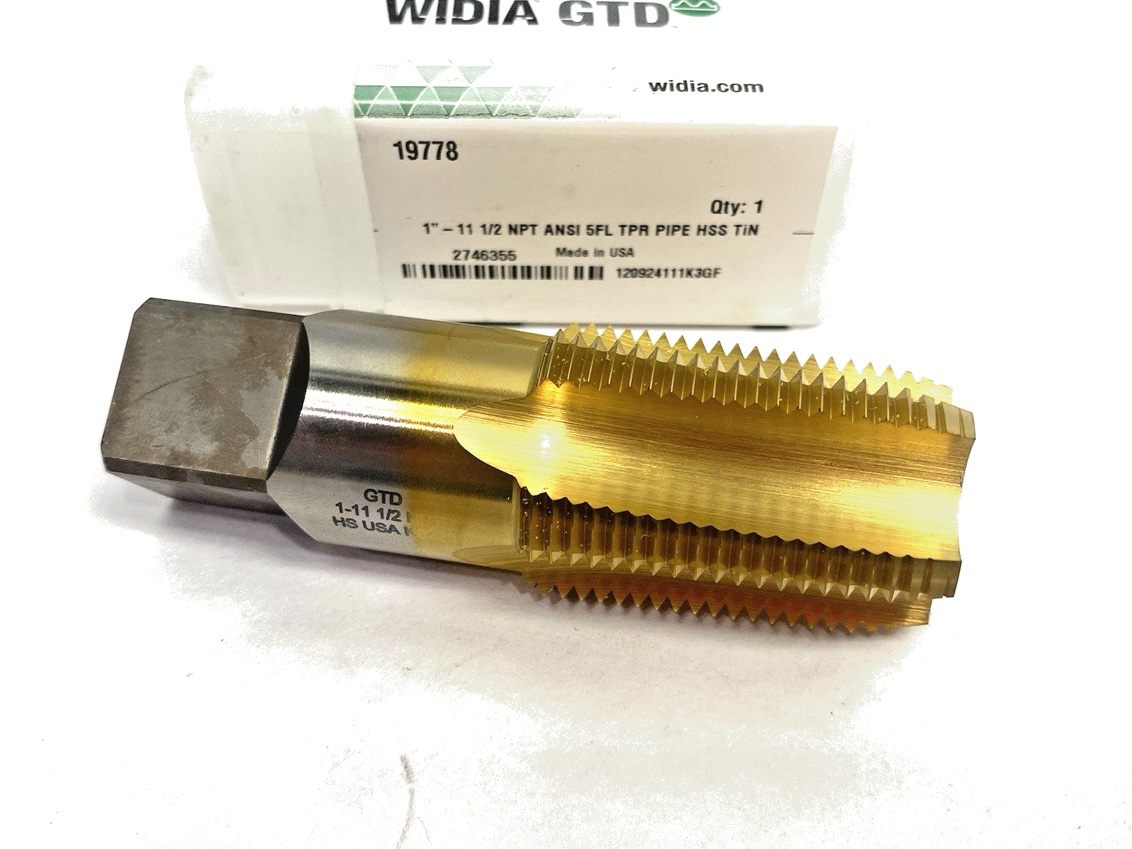 2746355 | Widia Taper Pipe Tap 5-Flute NPT/NPTF 1" - 11-1/2 TiN Coat 19778 - New – Open box - Maverick Industrial Sales