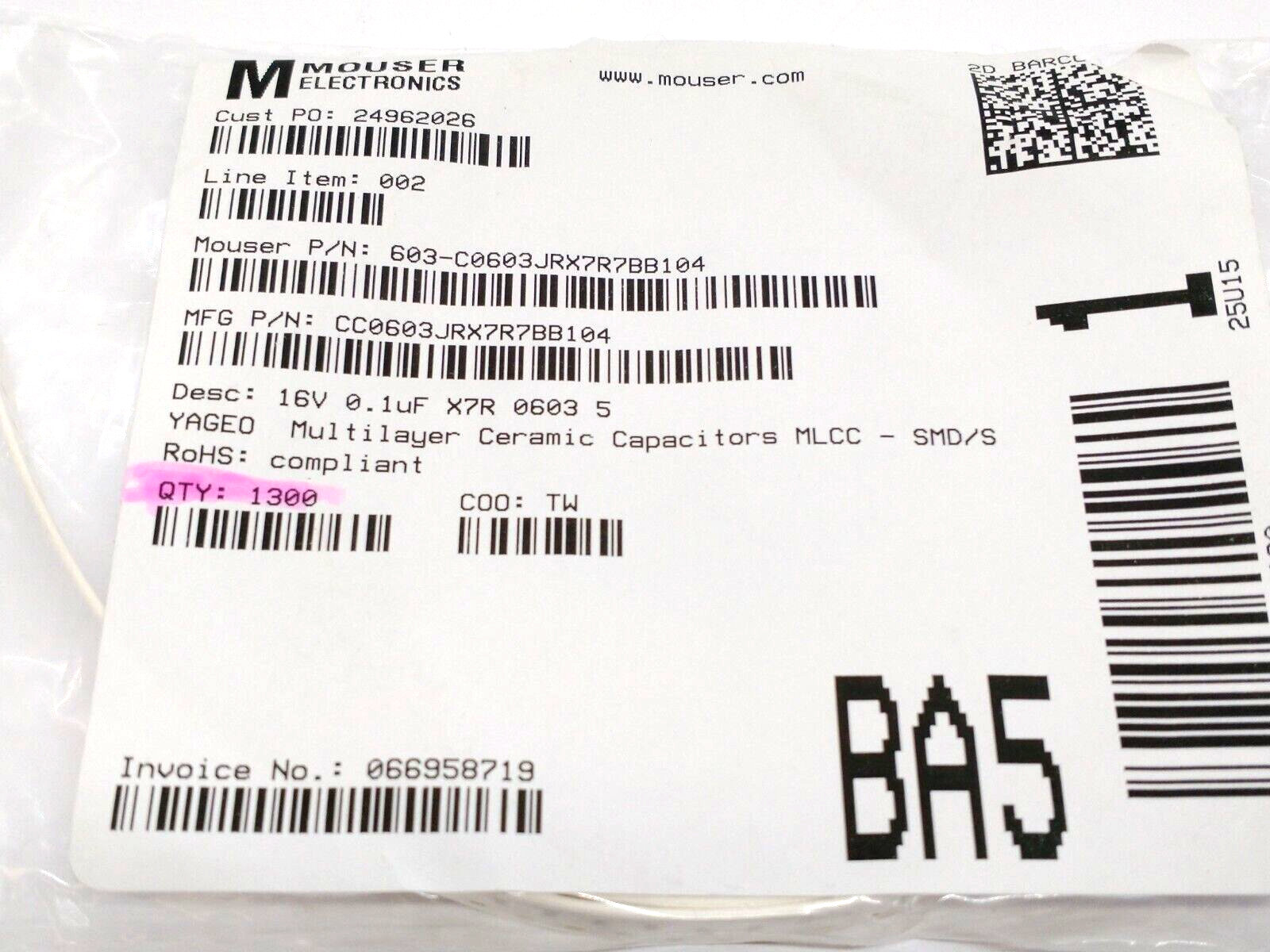 YAGEO CC0603JRX7R7BB104 Multilayer Ceramic Capacitors MLCC-SMD/S CT LOT OF 1300 - Maverick Industrial Sales