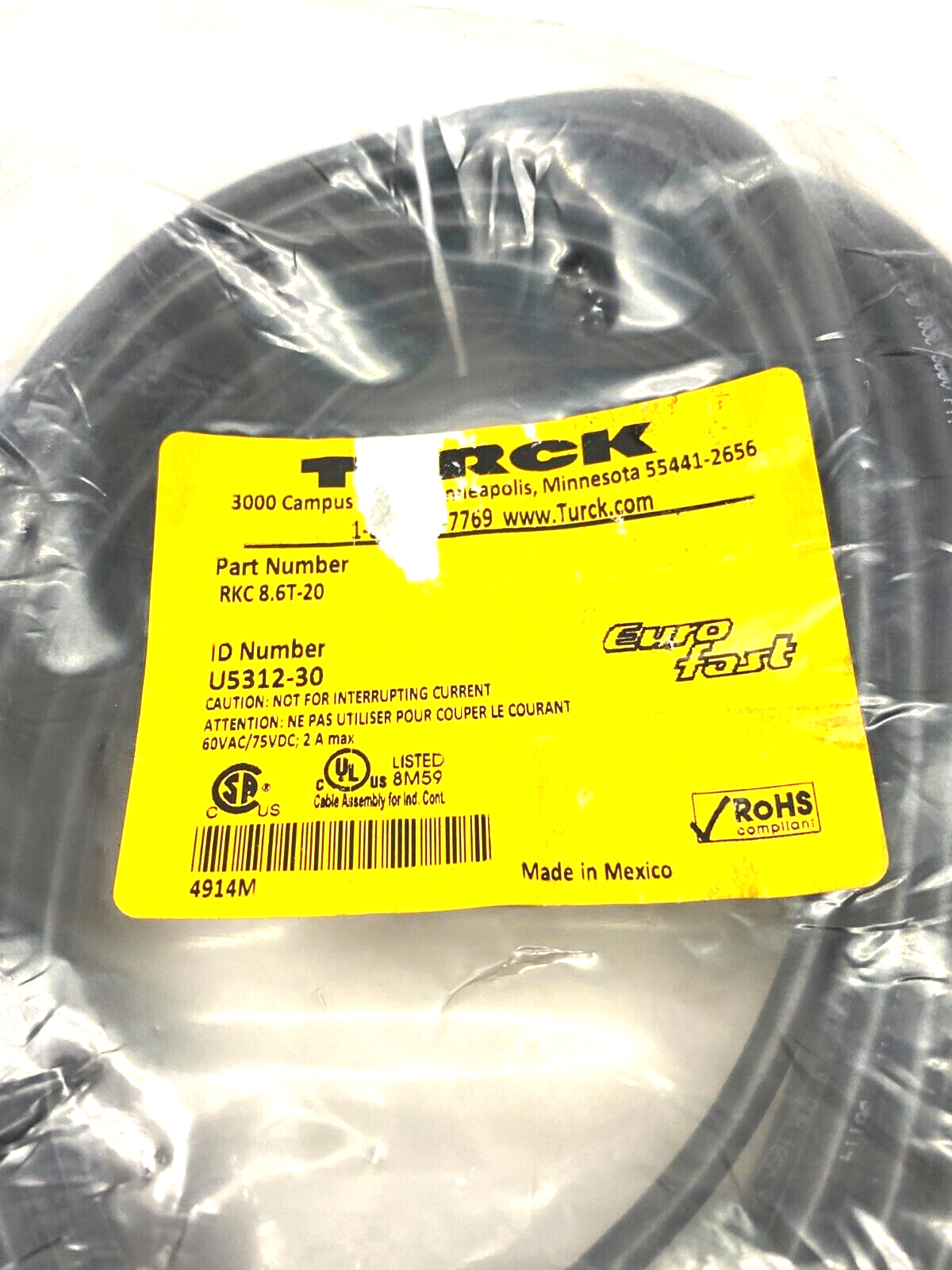 Turck RKC 8.6T-20 Eurofast Single Ended Cordset M12 8-Pin Female U5312-30 - Maverick Industrial Sales
