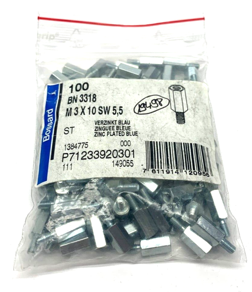 Bossard 1384775 Screwed Spacer Sleeve M3 x 10SW 5,5 Blue Plated Zinc PACK OF 100 - Maverick Industrial Sales