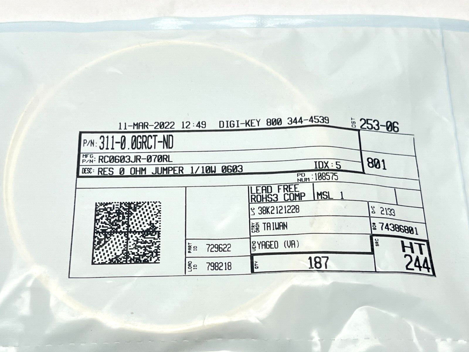 Yageo RC0603JR-070RL Thick Film Resistors SMD 0 Ohms 100 mW 0603 5% LOT OF 2400 - Maverick Industrial Sales