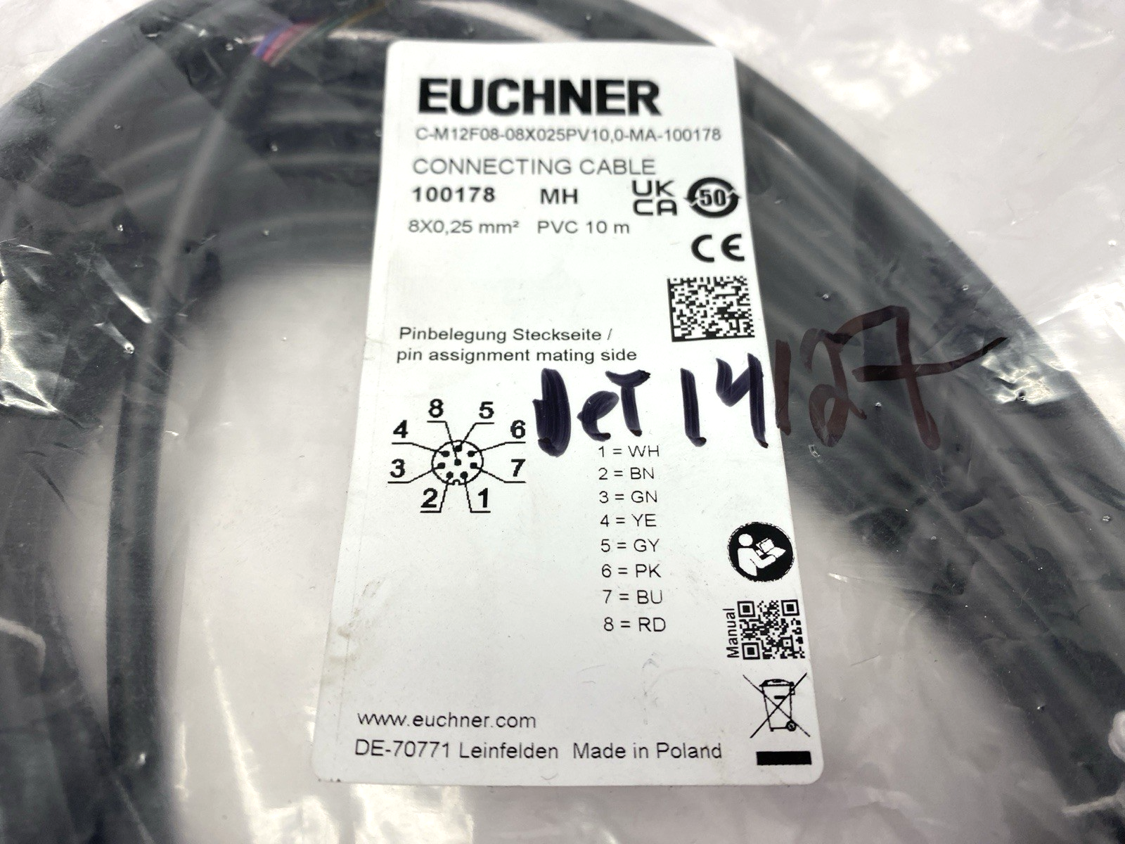 Euchner C-M12F08-08X025PV10,0-MA-100178 Connecting Cable 10m 100178 - Maverick Industrial Sales