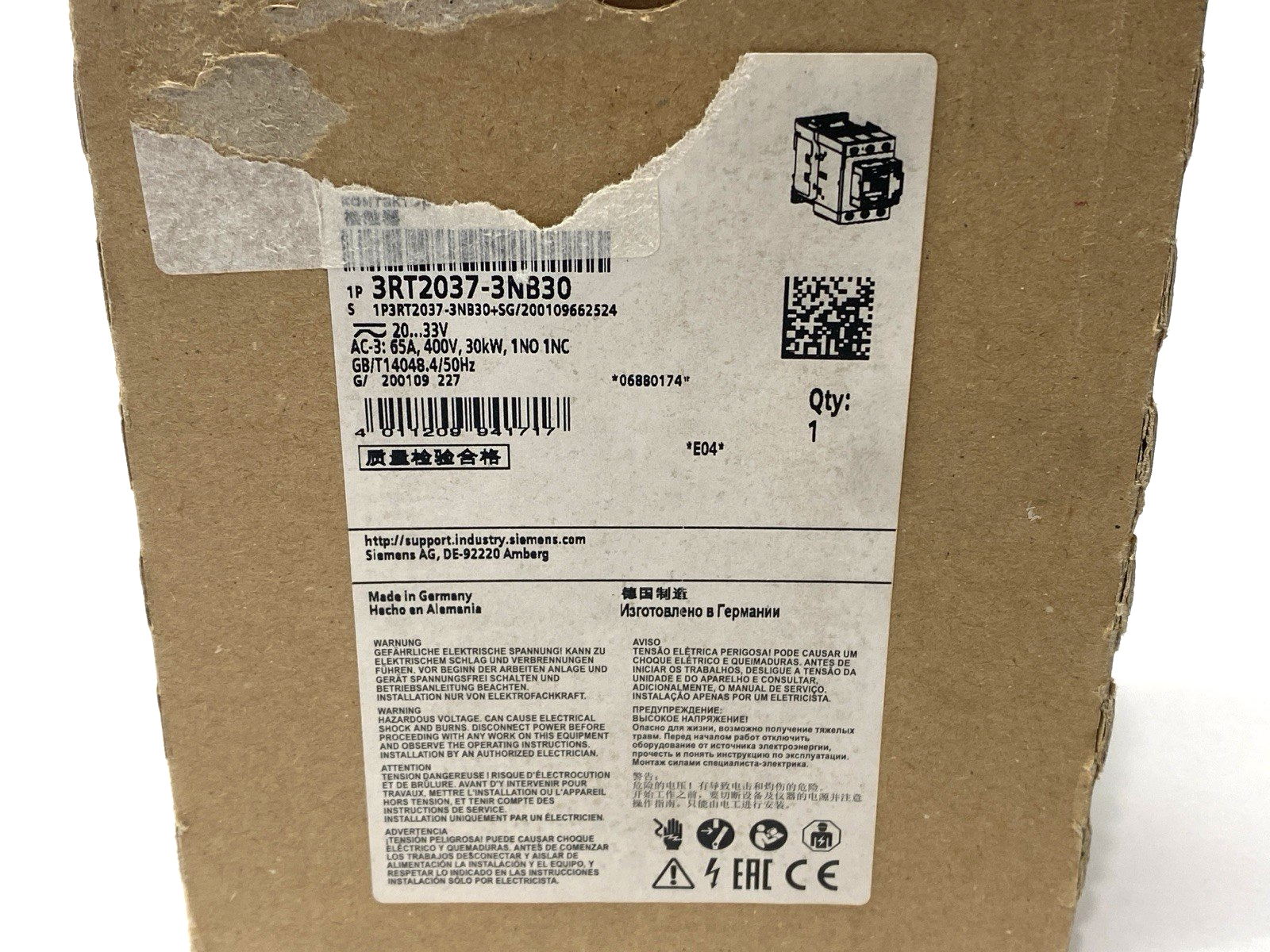 Siemens 3RT2037-3NB30 SIRIUS 3RT Power Contactor 3-Pole 400V 65A - Maverick Industrial Sales