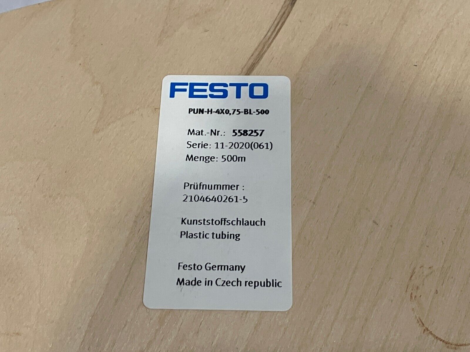 Festo PUN-H-4x0.75-BL-500 Pneumatic Tubing Blue 4mm OD, 2.6mm ID 558257 500m - Maverick Industrial Sales
