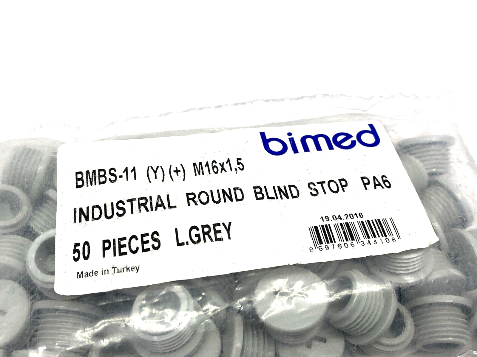 Bimed BMBS-11 (Y)(+) Industrial Round Plug/Stop M16X1.5 PA6, Gray, 50-PACK - Maverick Industrial Sales