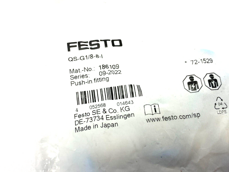 Festo QS-G1/8-8-I Push-In Fitting Male Thread 8mm OD Tube 186109 PKG OF 10 - Maverick Industrial Sales