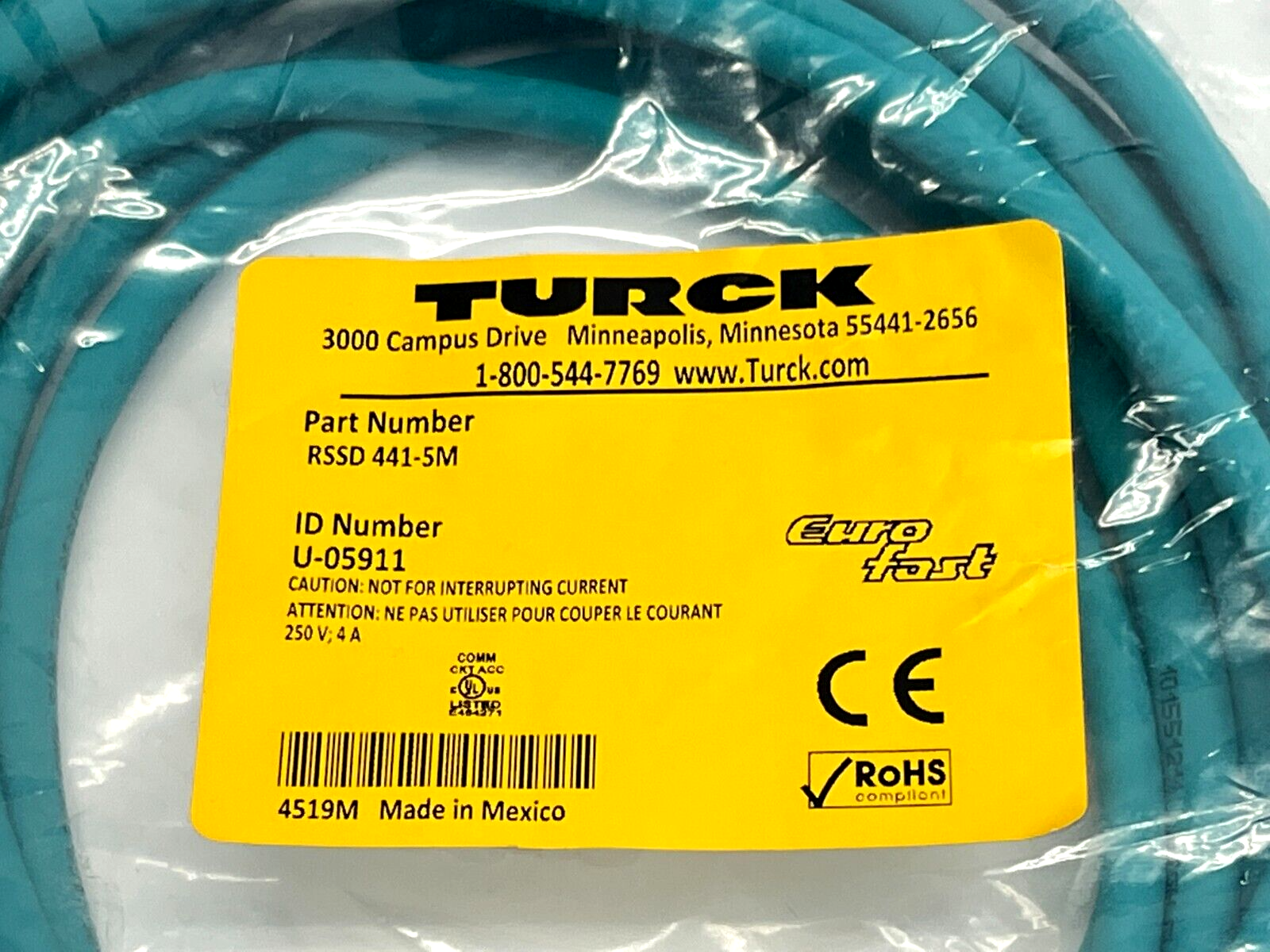 Turck RSSD 441-5M Eurofast Ethernet Cordset M12 Male 4-Pin 5m Length U-05911 - Maverick Industrial Sales