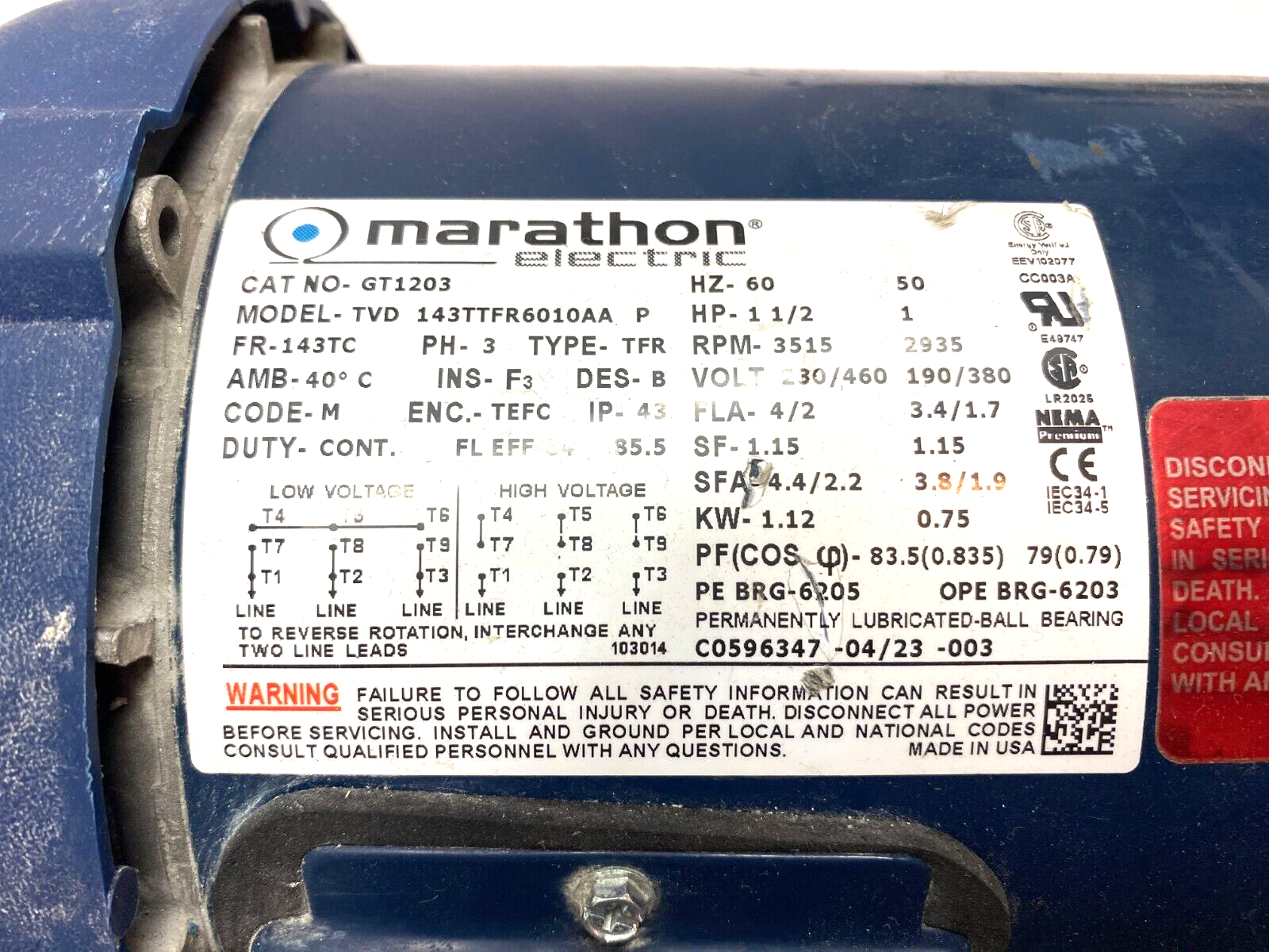 Marathon GT1203 3-Phase Electric Motor 143TC Frame 3515 Rpm 1-1/2HP 143TTFR6010 - Maverick Industrial Sales